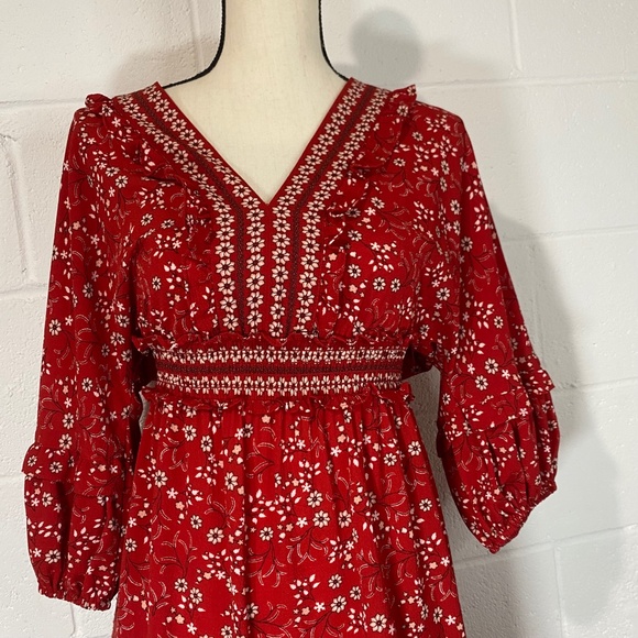 Max Studio Red Balloon Sleeve Tiered Floral Print dress - Picture 2 of 10